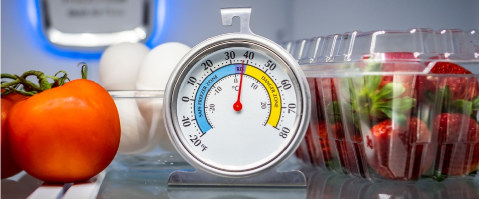 Close-up of a refrigerator thermometer below 40°F, surrounded by fresh tomatoes, eggs, and strawberries, showing how a safe temperature prevents illness as a summer safety tip.