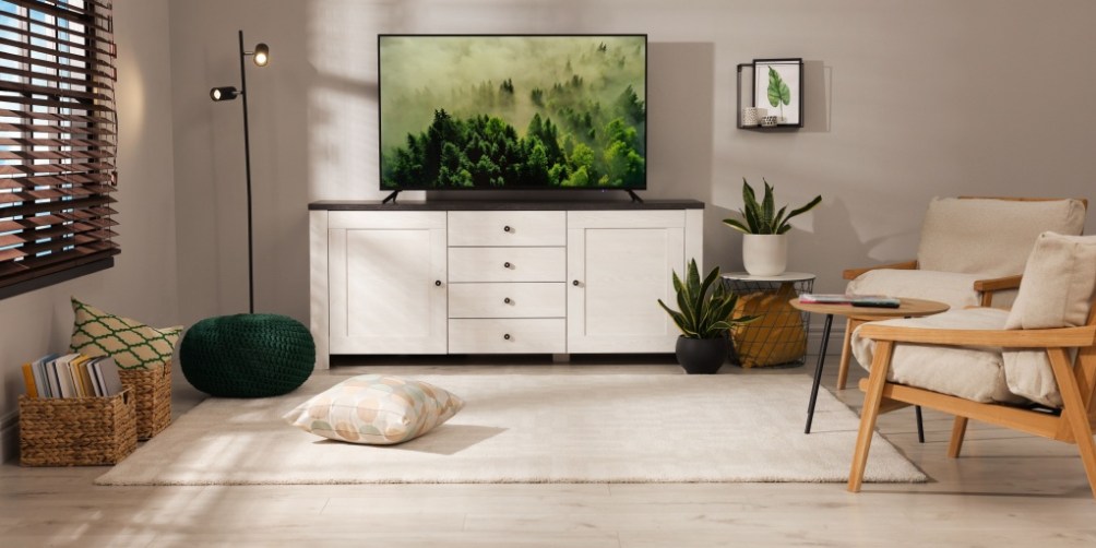 Bright, modern living room with natural sunlight streaming through wooden blinds, cozy seating, indoor plants, and a TV displaying a lush forest scene, as a background for summer safety tips to keep an apartment cool, secured, and comfortable.