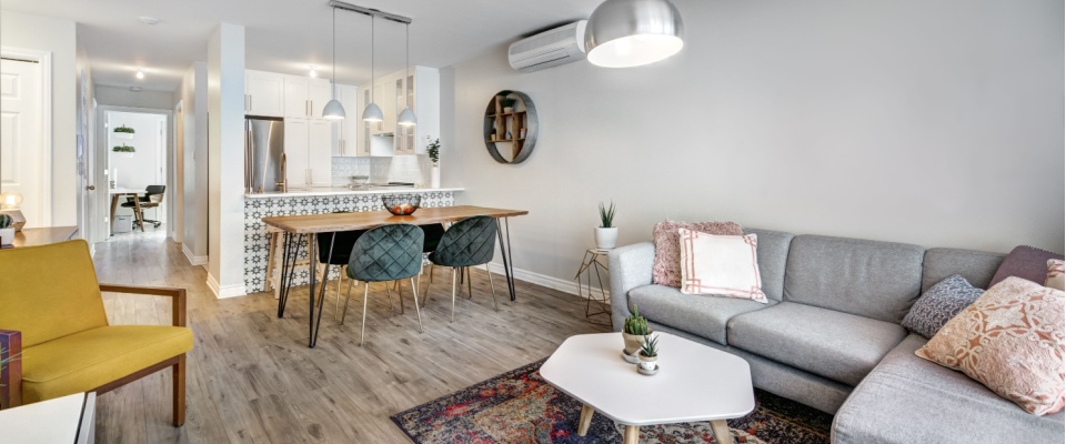 A stylish, modern apartment features a cozy living room with a gray sectional sofa, decorative pillows, and a small coffee table next to an open kitchen and dining area, illustrating the importance of calculating how much renters insurance you need in a fully furnished apartment.