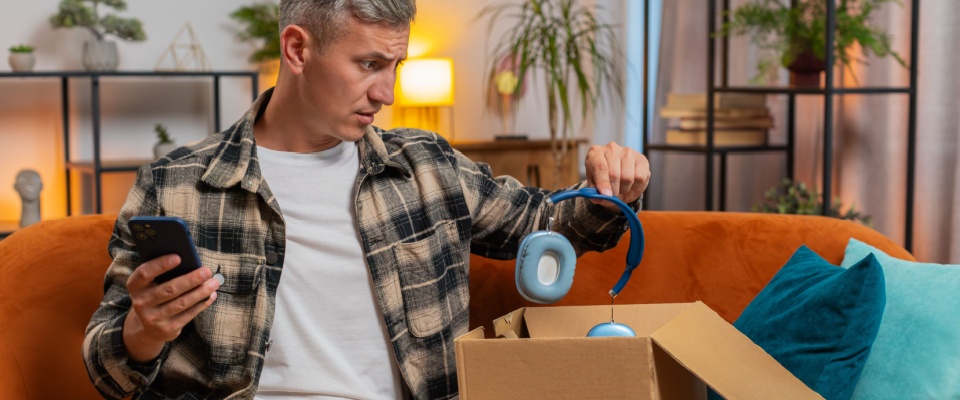 Man examining damaged headphones from a box after moving, illustrating how renters insurance covers property damage from accidents or mishandling.