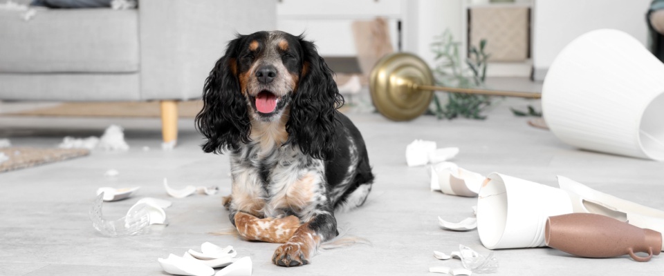 Dog sitting among broken ornaments and knocked-over décor, highlighting the importance of renters insurance for pet damage coverage during holidays.