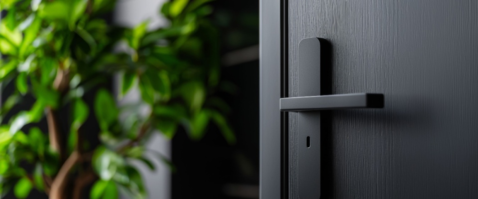 A sleek black door handle on a modern apartment door is shown in close-up, with a leafy green plant in the background, illustrating how renter-friendly security systems protect rentals.