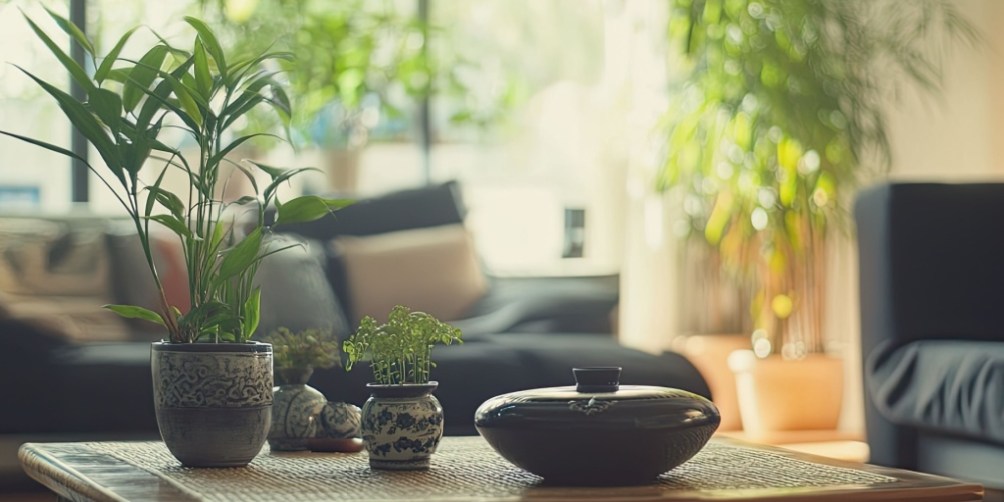 Stylish living room with potted houseplants on a coffee table, illustrating how indoor plants that help with mold can improve air quality and décor