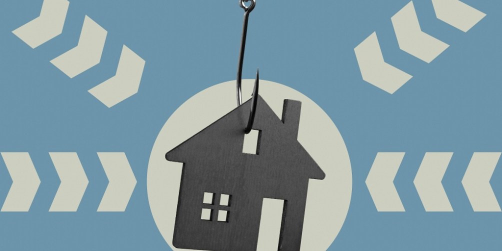 Illustration of a house icon hanging from a fish hook against a blue background, symbolizing the risks of a rental scam.