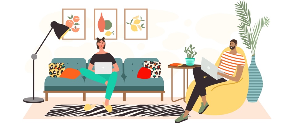 Illustration of two roommates working on laptops in a stylish living room with colorful decor, discussing about sharing renters insurance.