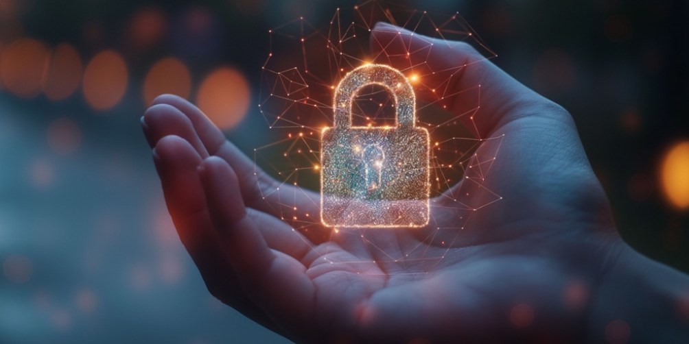 A glowing digital padlock hovering above a person’s hand, symbolizing data protection, cybersecurity, and how to stay safe online through secure digital practices.