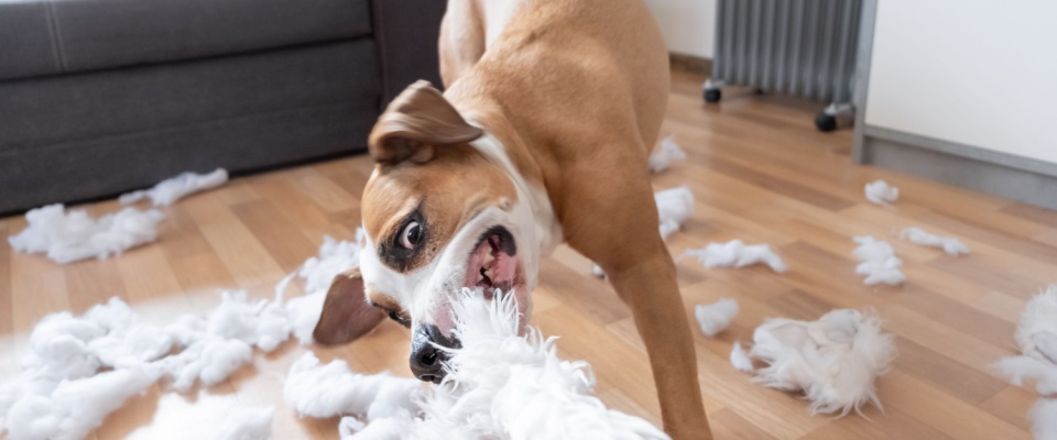 Brown and white dog aggressively tearing apart a plush toy in a living room, with stuffing scattered across the hardwood floor, providing a visual example for renters asking if renters insurance covers pet damage.