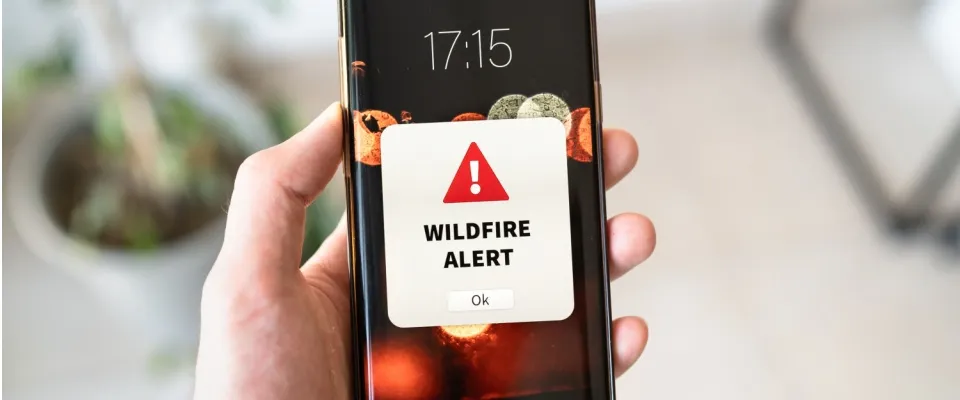 Close-up of a hand holding a smartphone displaying a wildfire alert notification, highlighting the importance of renters insurance wildfire coverage during emergencies.