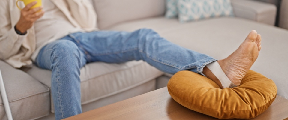 Man resting on a couch with an injured foot, illustrating personal injury protection under renters insurance coverage during Halloween.