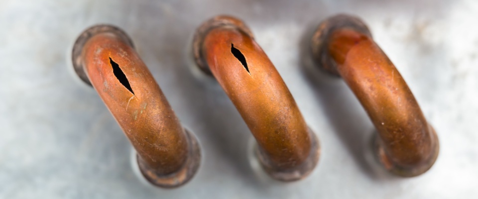 Close-up of cracked metal pipes caused by freezing temperatures, illustrating an important winter vacation safety concern for preventing burst pipes at home.