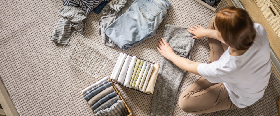 Top-down view of a person organizing clothes as part of their spring cleaning checklist, featuring neatly folded items in baskets and a pile of clothes to sort and donate.