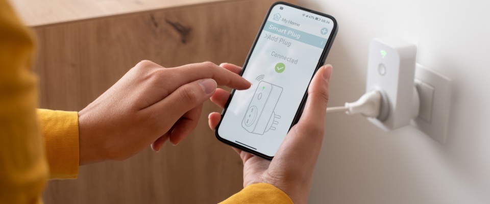 Person using a smartphone app to control a smart plug connected to a wall outlet, making sure to unplug it when not in use.