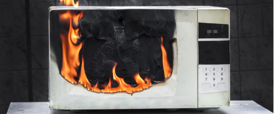 A microwave engulfed in flames on a kitchen countertop, causing damage that may be paid by the insurance company, depending on the renter's deductible.