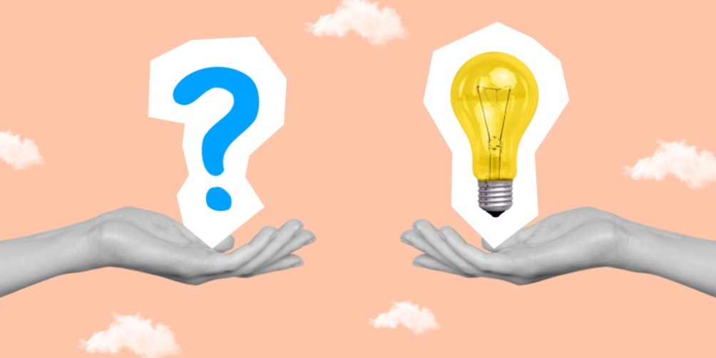 Two open hands, holding a blue question mark and a yellow light bulb against a soft peach background, illustrating the importance of making informed choices as you compare electricity plans.