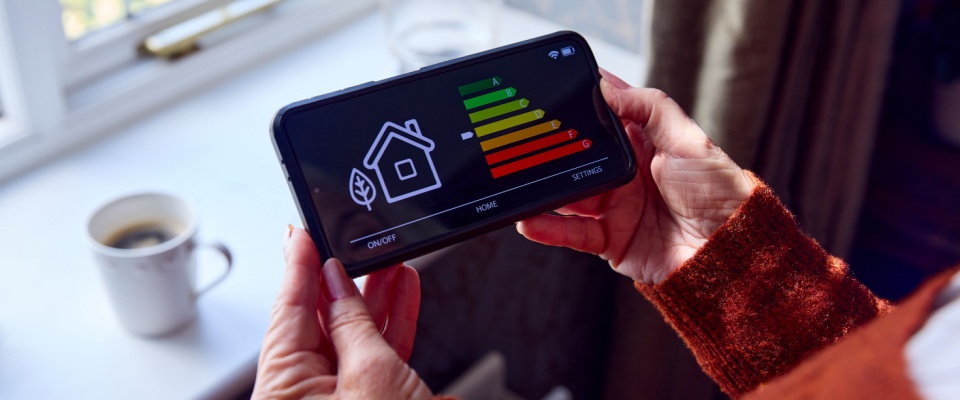 A person in a brown sweater holds a smartphone displaying a home energy efficiency app with colored rating bars, demonstrating how a smart electricity meter helps monitor and manage power usage efficiently.