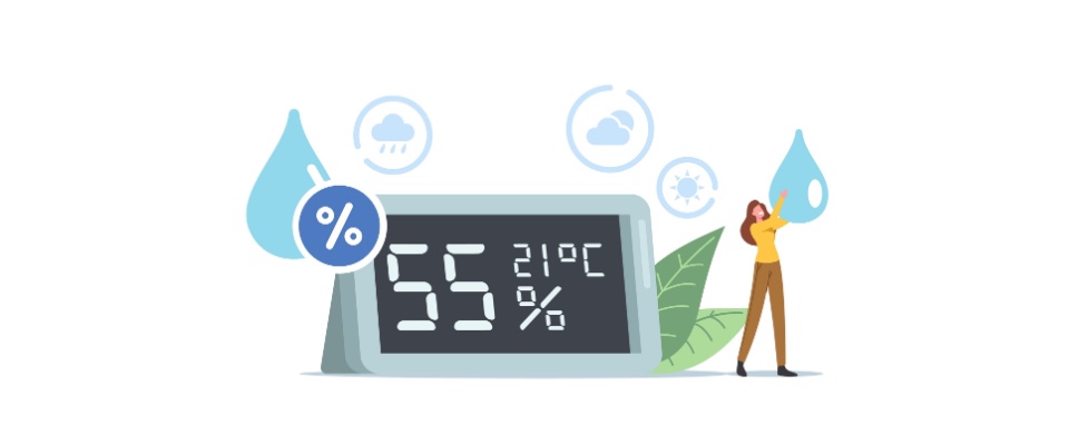 A digital humidity meter displays 55% and 21°C, surrounded by water droplets, weather icons, and a person examining moisture levels, illustrating how monitoring indoor humidity relates to understanding if renters insurance covers mold issues.