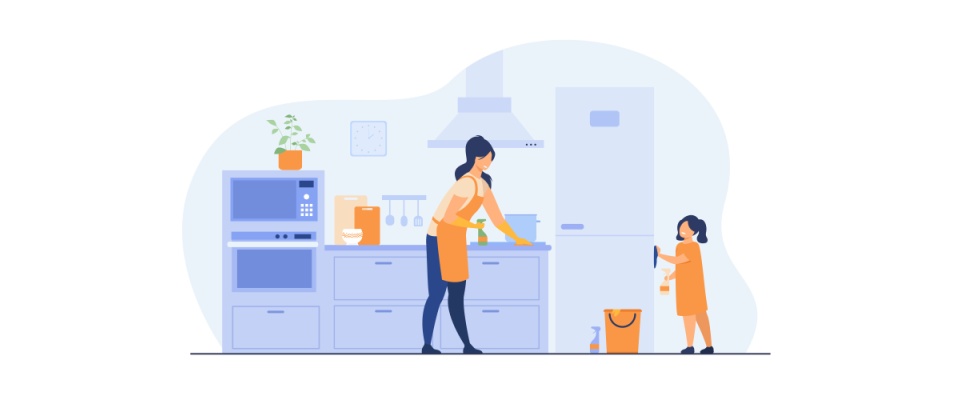 A mother and young daughter wearing aprons clean their modern kitchen together, emphasizing the importance of cleaning to prevent mold damage in an apartment.