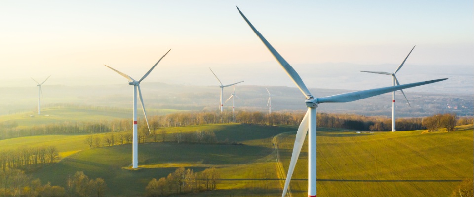 A field of wind turbines spins across rolling green hills under a clear sky, visually demonstrating how electricity works and where it comes from by converting renewable wind energy into electrical power.