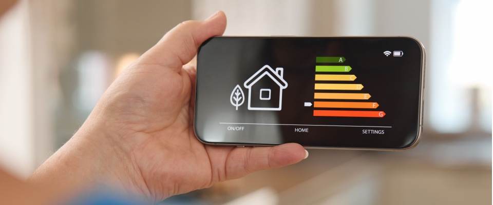 Phone screen displaying a home energy efficiency dashboard and rating scale, emphasizing the importance of a home energy audit for smarter energy management.