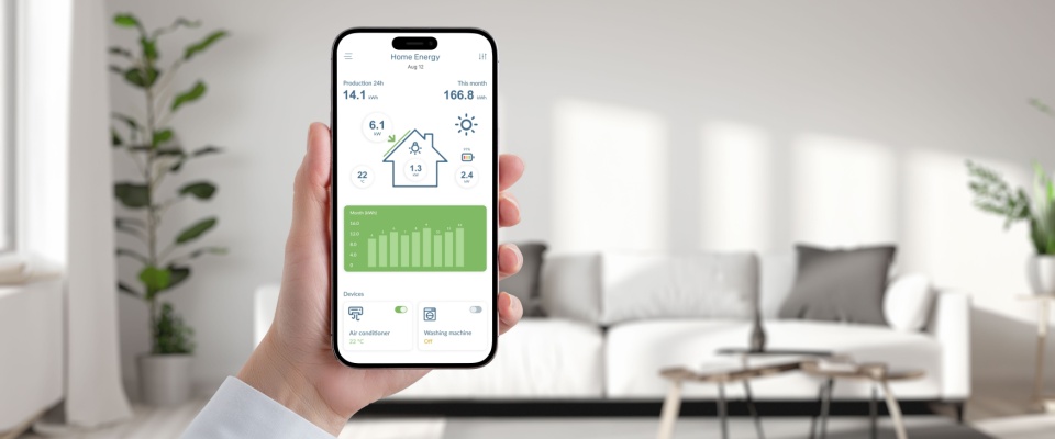 Smartphone displaying a home energy monitoring app in a living room, illustrating how a home energy audit helps track electricity usage and efficiency.