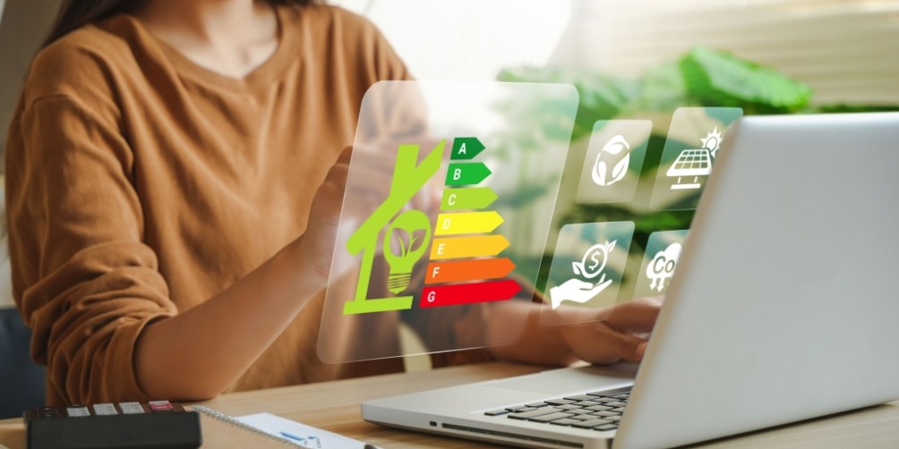 Person using a laptop with a digital energy efficiency rating graphic, highlighting the role of a home energy audit in reducing utility costs.