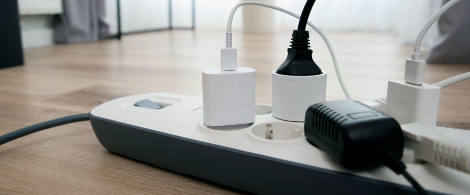 Overloaded power strip with multiple devices plugged in, highlighting appliance risks and safety concerns during a rolling blackout.